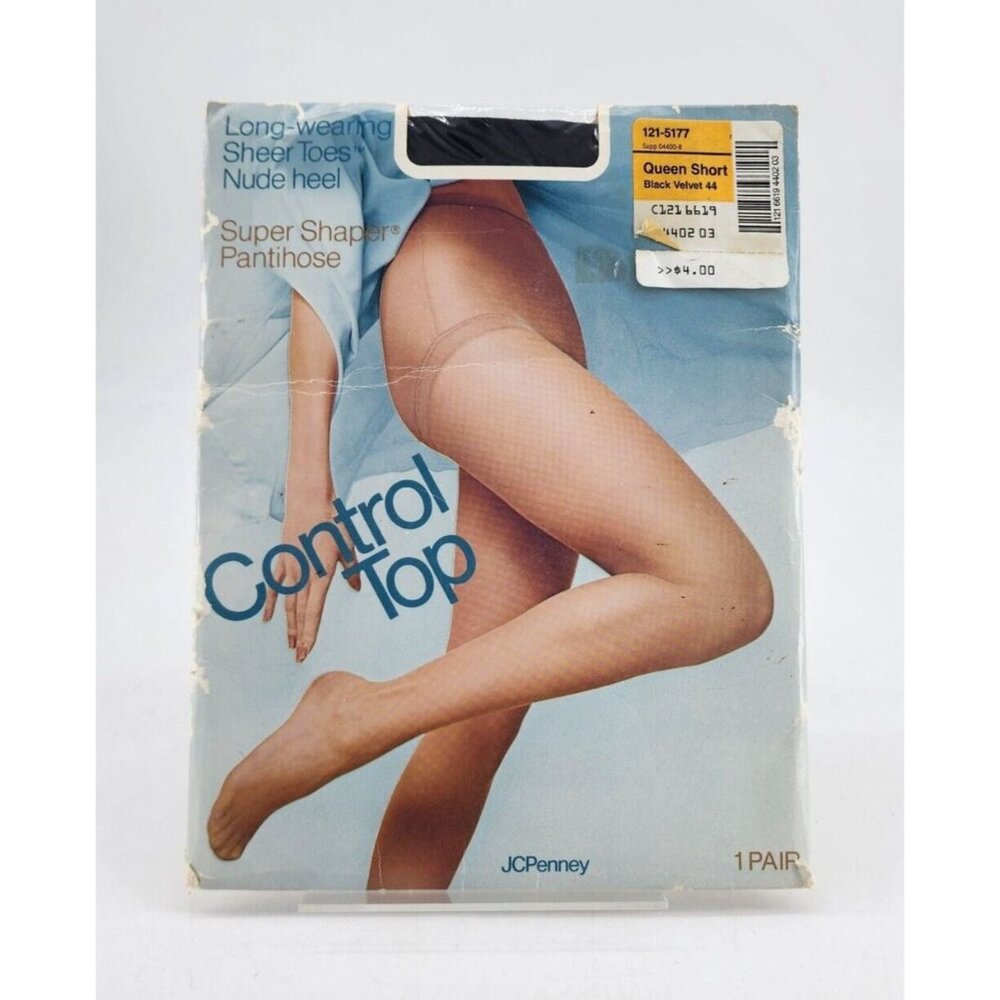 Vtg JCPenney Control Top Super Shaper Pantyhose Black Velvet Size Queen Short